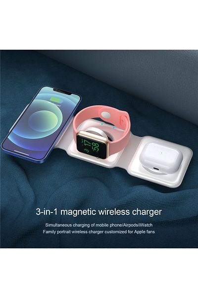 REDz Accessories Dock Fold 3 în 1, Încărcare wireless, Pliabil, 15W, Alb