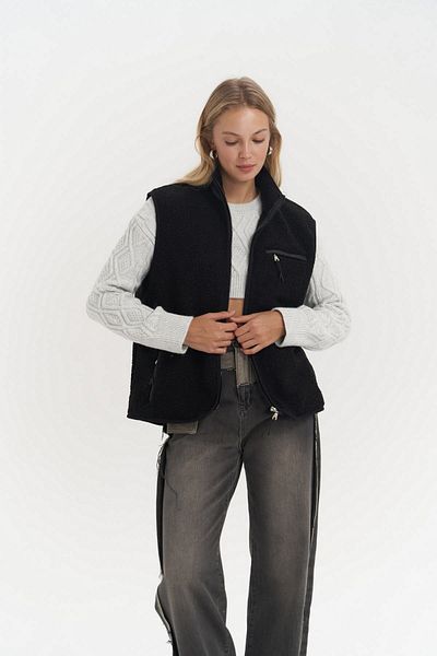 MAİ COLLECTİON Alberg Czarna Casualowa Kamizelka Teddy