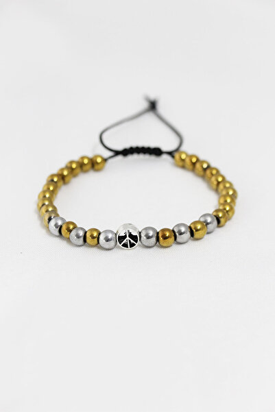 E NATIONAL Gold Silver Color Peace Sign Model Elevator Men's Bracelet