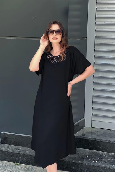 aytemas Ön Arka V Güpür Yakalı Elbise