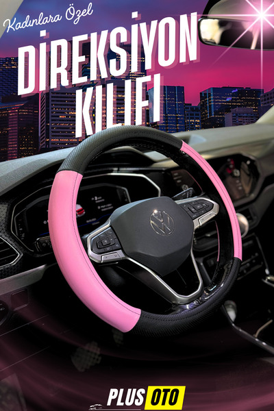 PlusOto Kadınlara Özel Geçmeli Pembe Direksiyon Kılıfı Delikli Deri Direksiyon