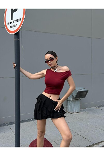 minaaise جسم نسائي من القماش الرملي العنابي بدون أكتاف وحزام سميك 29127