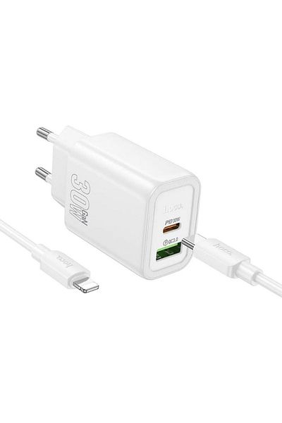 REDz Accessories Hoco N63 Adapter And Lightning Cable Set, Iphone Compatible, 30w Fast Charging, White