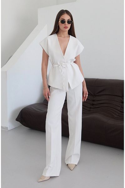 Laluvia Ecru Juana Vest Pipe Leg Trousers Set - 9567