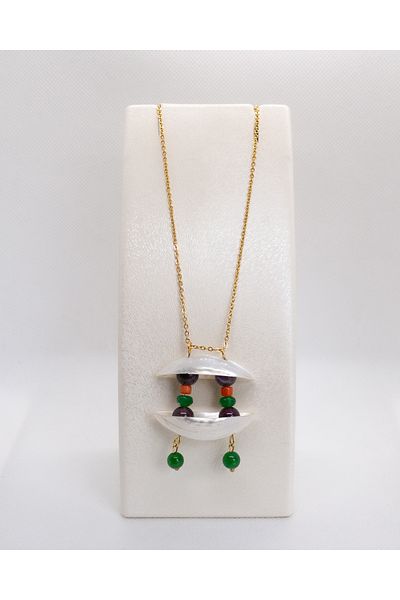 Luna Steel Necklace with Amethyst, Coral and Agate Natural Stone