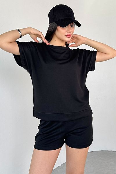 Cappmoda TKM-0021 أسود T كم نموذج طاقم الرقبة تي شيرت الخصر مطاطا سلسلة التعادل جيب السراويل مجموعة من اثنين