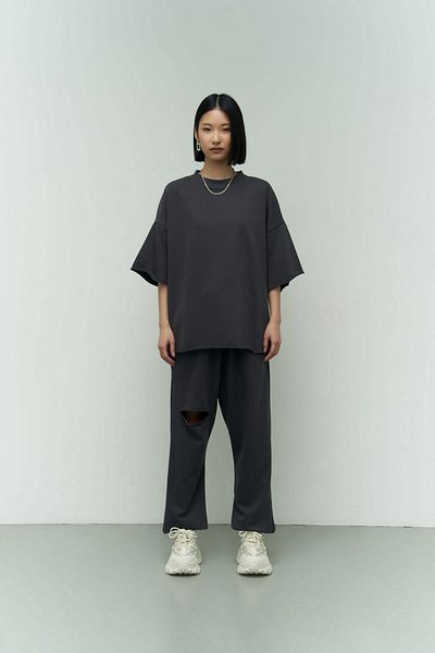MC MAİ COLLECTİON Mcllctn Lion Anthracite Oversize T-Shirt Ripped Tracksuit Set
