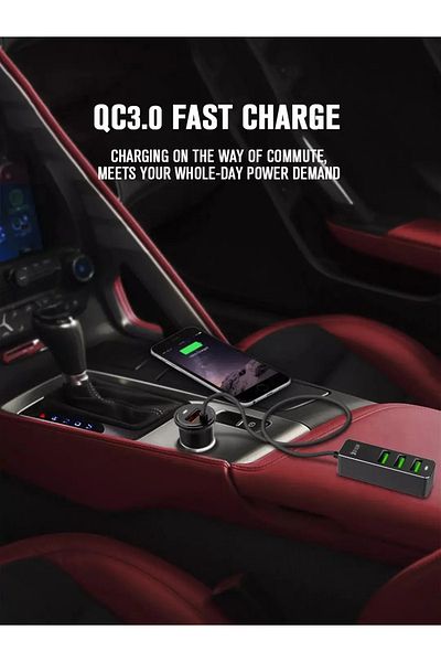 REDz Accessories Cablu prelungitor auto Ldnio, încărcare rapidă 35W, 4 porturi USB, lungime 120cm, negru