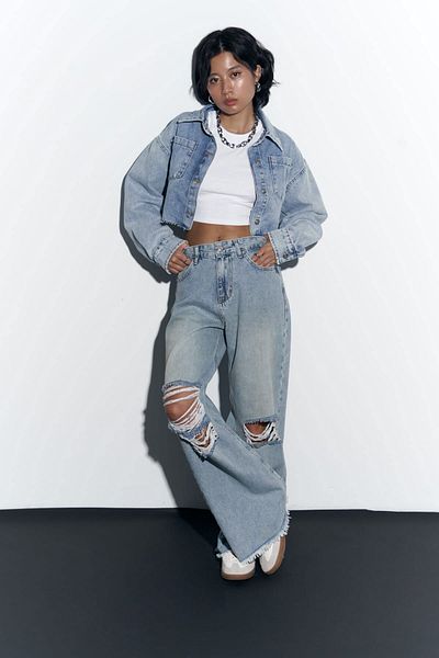 MAİ COLLECTİON Pantaloni de jeans albaștri cu detaliu rupt Gemma