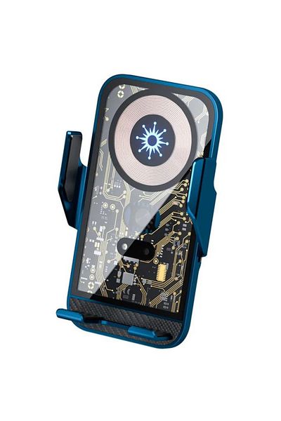 REDz Accessories Suport C10 G-A48, încărcare wireless rapidă de 15W, grilă, cleme automate, design de circuit, albastru