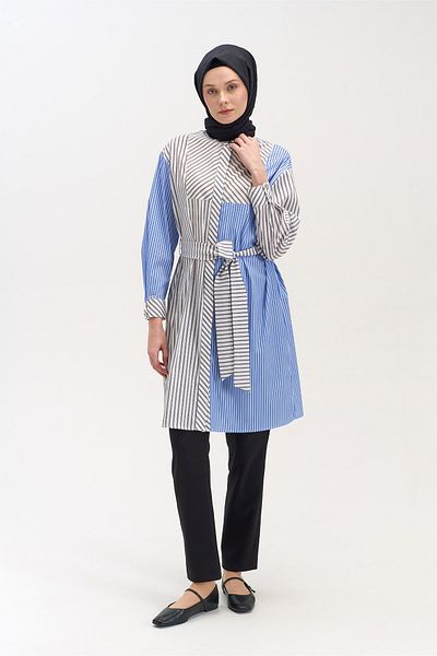 Setrms Belted Double Color Striped Tunic