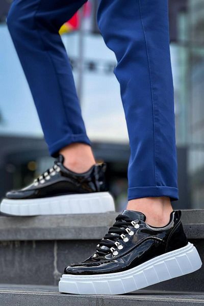 MELAMS Compass Black Patent Leather White High Sole Casual Sports Shoes - Kbc