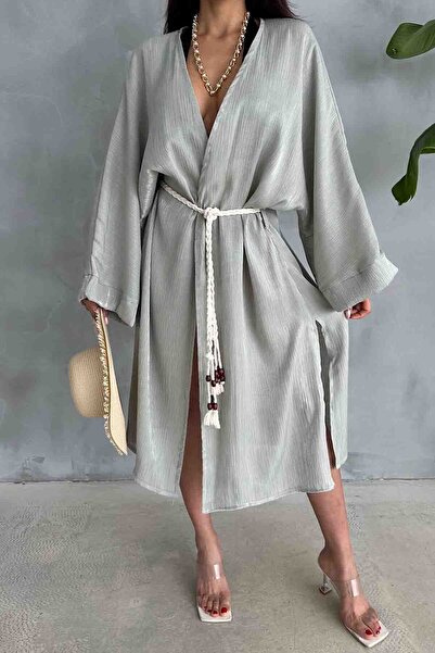 Cappmoda Hrk-19102 Green Effect Satin Fabric Long Kimono with Rope Belt