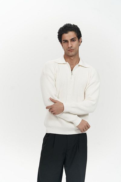 MAİ COLLECTİON Oberon Polo Neck Half Zipper Ecru Men's Knitwear Sweater