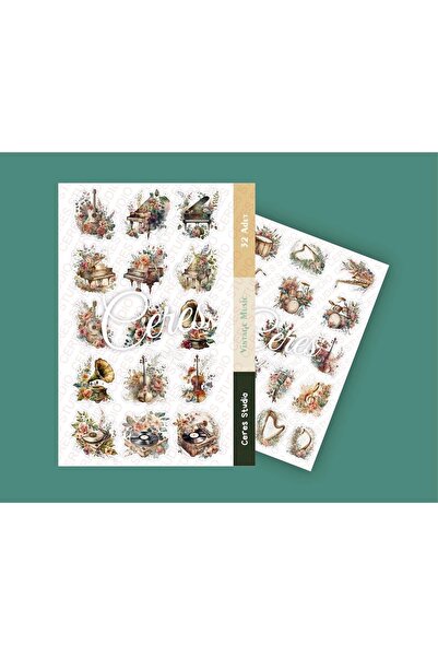 Ceres Studio Vintage Müzik Aletleri Sticker Set Vintage Music 2 Sayfa 32 Adet...