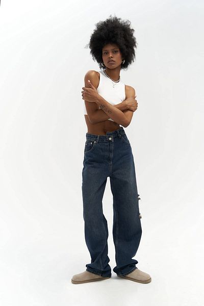 MAİ COLLECTİON Detaliu în talie nordică Jeans albastru murdar rupt dublu