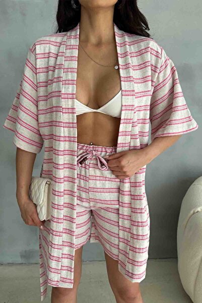 Cappmoda Tkm-03618 - Pink Striped Linen Shorts and Kimono Set