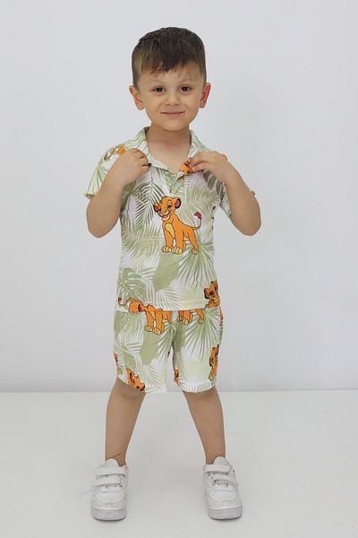MİNİKANKA Lion Patterned Boy's Muslin Fabric Cotton Woven Shorts Suit 3-10 Years