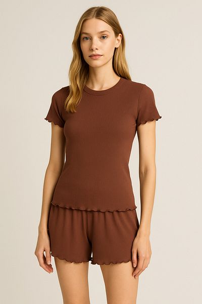 HNX Dark Brown Cotton Corduroy Short Sleeve T-Shirt and Shorts Women's Pajama Set