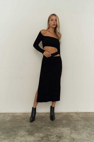 MAİ COLLECTİON Sabrina Black Knitwear Skirt-crop Set