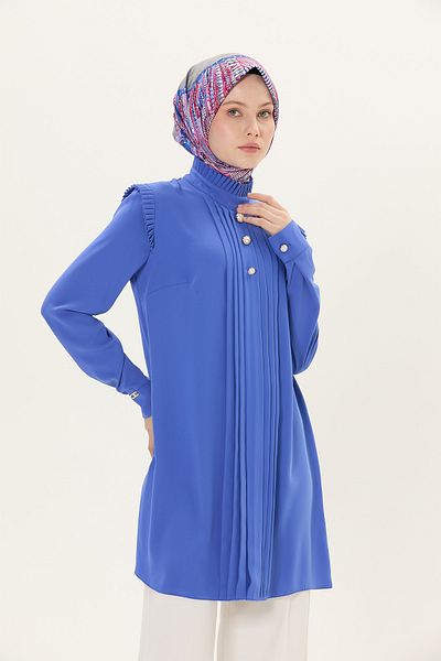 Setrms Stylish Buttoned Tunic with Pleated Collar