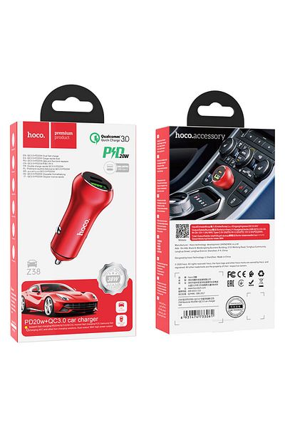REDz Accessories Încărcător auto Hoco Z38, încărcare rapidă 3.0, putere 20w, 1 port USB 1 port tip C, roșu