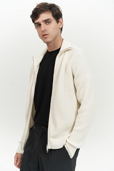 MAİ COLLECTİON Brock Herren-Strickpullover mit durchgehendem Reißverschluss in Ecru