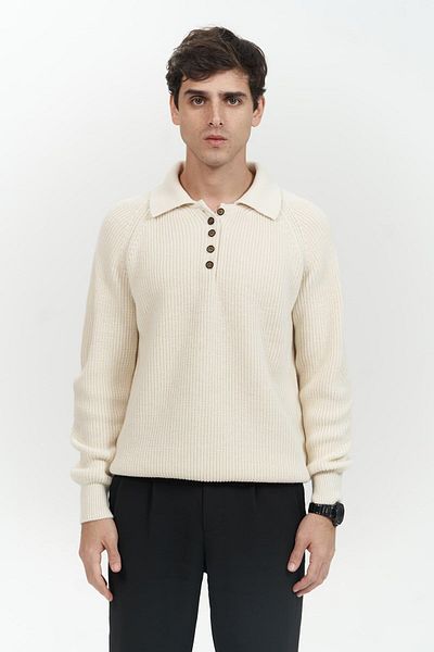 MAİ COLLECTİON Vander Knopfdetail Ecru Herrenstrickpullover