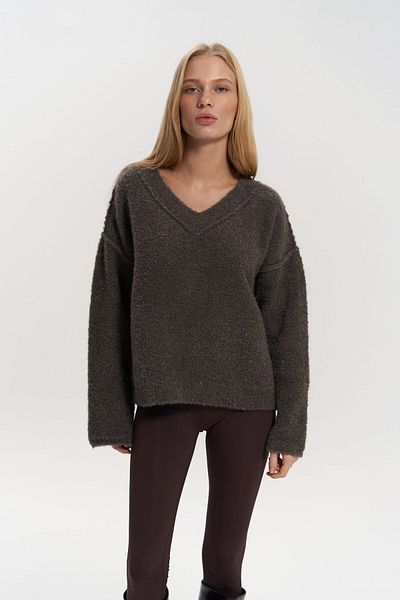 MAİ COLLECTİON Peoria Neck Collar Detail V-Neck Brown Knitwear Sweater