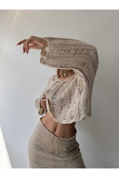 BOHEMAİ Διάτρητο μπεζ βιολογικό πλεκτό Crop