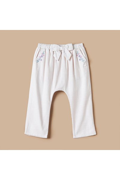 giggles Floral Embroidered Pants with Bow and Elasticated Waistband
