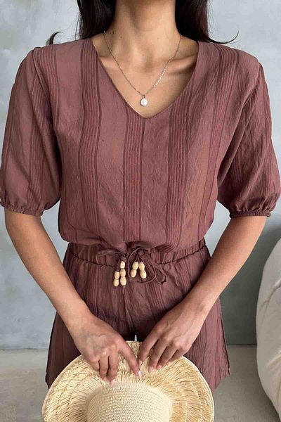 Cappmoda TKM-03621 Καφέ επιχρυσωμένο βαμβακερό ύφασμα μπλούζα με κορδόνι ελαστικό σορτς Σετ δύο τεμαχίων