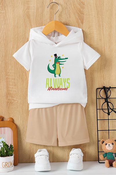 MYADA New Season Hooded Always Crocodile Character Printed 2-Piece Children's Set 22858