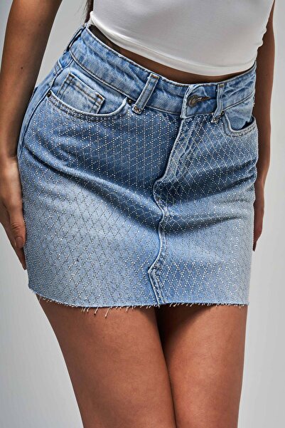 its basic Kadın Mavi Renk T-2s5-4 Parlak Taşlı Midi Boy %100 Koton 42 Cm Tasarım Denim Etek