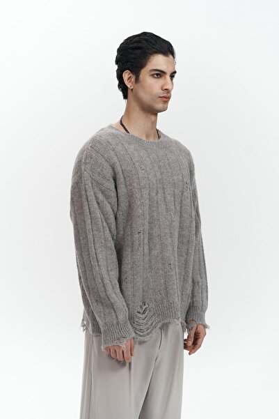 MAI STUDIOS CO. Чоловічий трикотажний светр Vincent з рваними деталями сіро-коричневого кольору