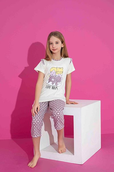 Tarık Girl's Short Sleeve Capri Lycra Combed Cotton Fabric Medium Thick Pajama Set-3061