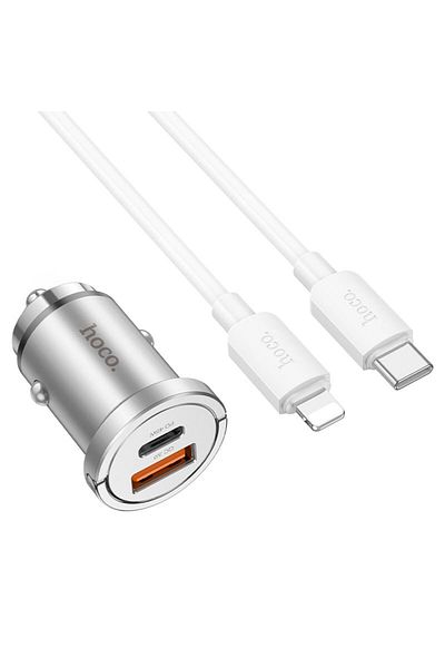 REDz Accessories Set de încărcare auto pentru iPhone, Hoco NZ10 + cablu Lightning 1m, încărcare rapidă 45W, argintiu
