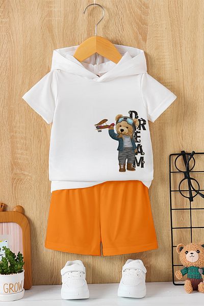 MYADA New Season Hooded Pilot Teddy Bear Printed 2-Piece Children's Set 23517