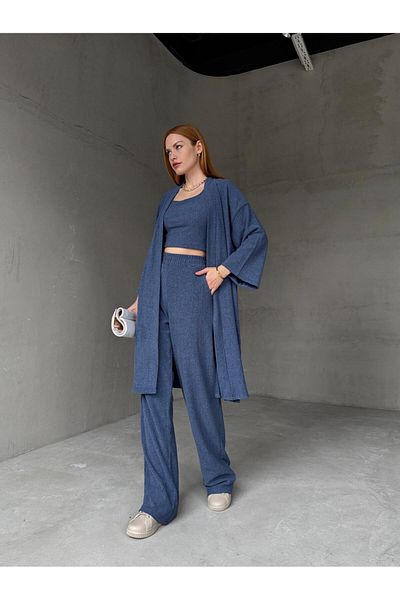 Cappmoda TKM-03657 Bluză albastră cu bretele Pantaloni palazzo cu mâneci liliac Seturi trei piese kimono