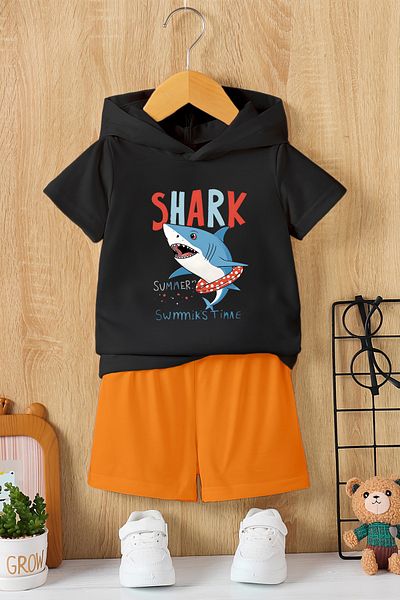 MYADA New Season Hooded Shark Cartoon Character Printed 2-Piece Children's Set