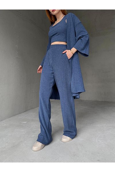 Cappmoda TKM-03657 Bluză albastră cu bretele Pantaloni palazzo cu mâneci liliac Seturi trei piese kimono