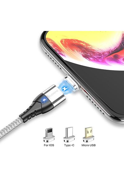 REDz Accessories Fast charging data cable 3A, Apple lightning magnetic connector, with LED, 1m, silver