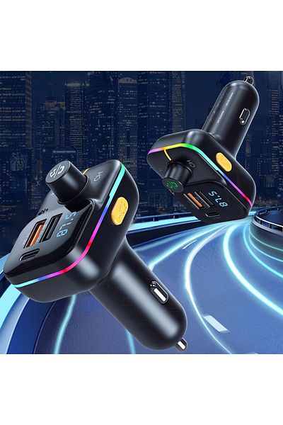 REDz Accessories Încărcător auto cu modulator FM, xo-bcc09, lumini colorate, 2x USB și 1x tip C, microfon, negru