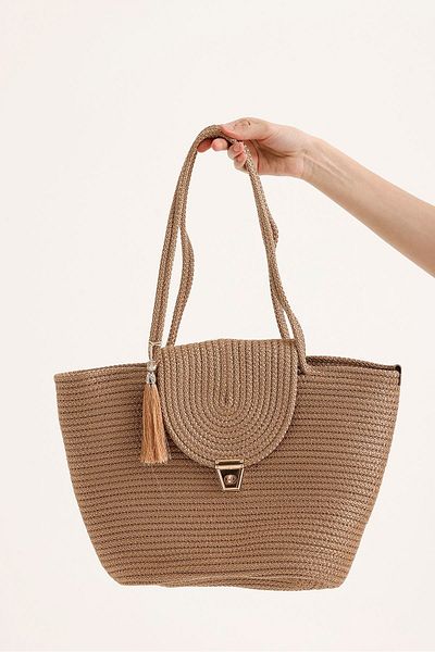 KURGAN TEKSTİL Women's Straw Tassel Detailed Shoulder Bag