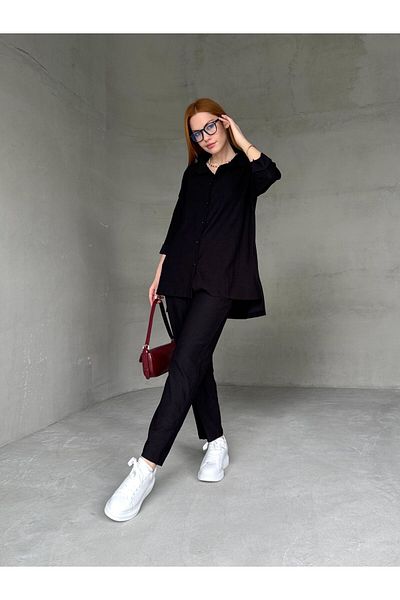 Cappmoda TKM-03660 قميص أسود فضفاض مزدوج نصف كم بفتحة جانبية وخصر مرن طقم مكون من قطعتين