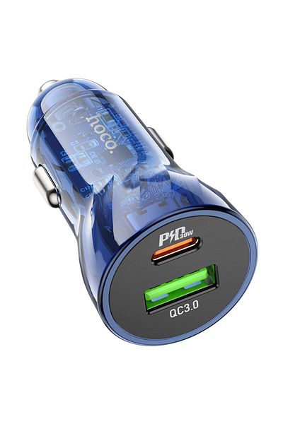 REDz Accessories Încărcător auto, Duo Charge, Hoco Z47A Transparent Discovery Edition, PD 30W, USB și Type-C, Albastru