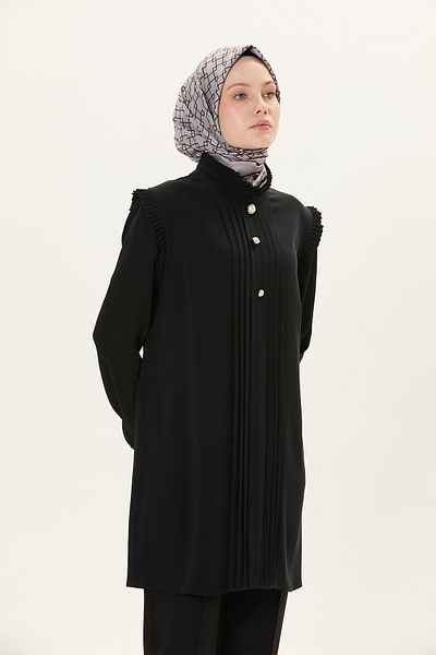 Setrms Stylish Buttoned Tunic with Pleated Collar
