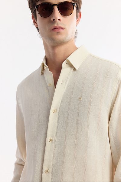 Avva Men's Beige Bottom Brit Collar Cotton Textured Long Sleeve Shirt A51Y2111