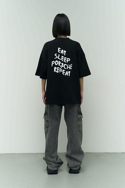 MAİ COLLECTİON Oversize černé tričko Eat Sleep
