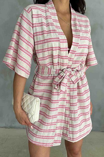 Cappmoda Tkm-03618 - Pink Striped Linen Shorts and Kimono Set